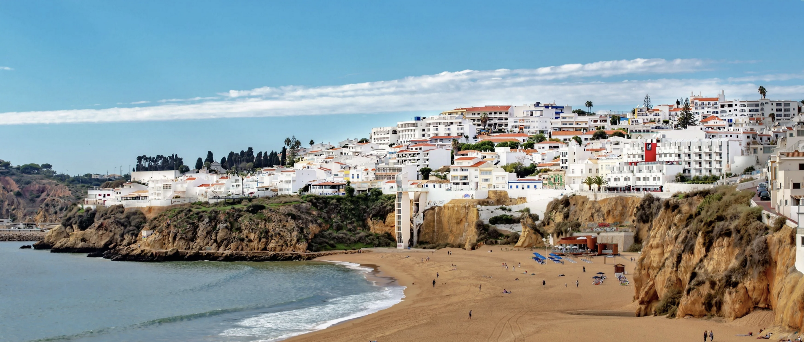 Albufeira beach Praia dos Pescadores with Old Town in background