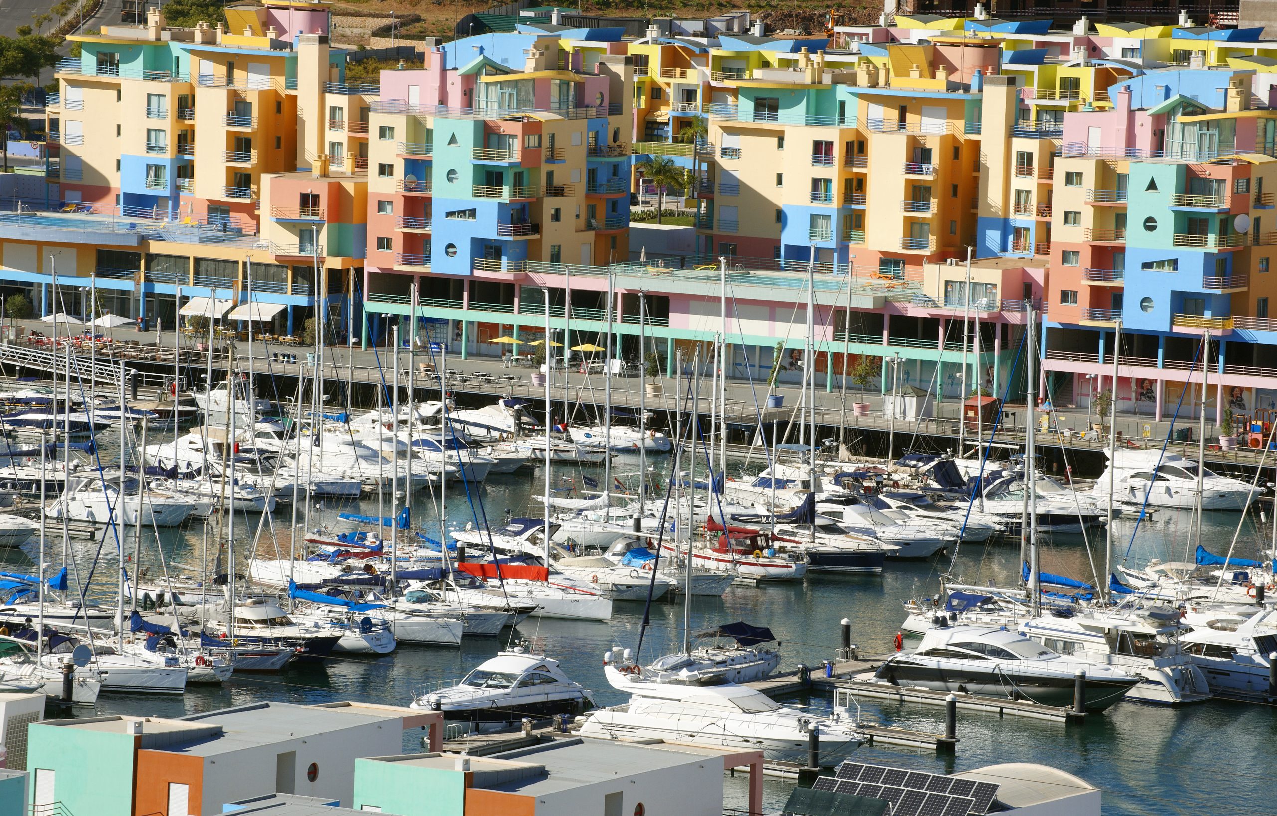 Albufeira marina with boats and restaurants